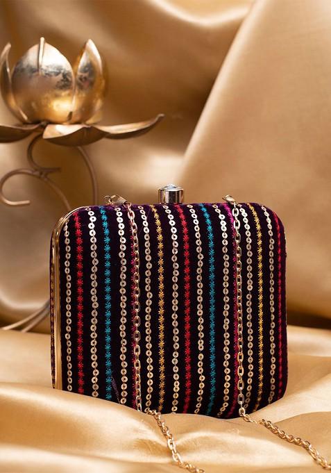 Purple Satin Embroidered Sequins Embellished Box Clutch With Sling Chain