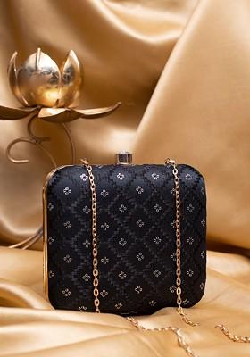 Black Satin Threadwork Embroidered Box Clutch With A Sling Chain