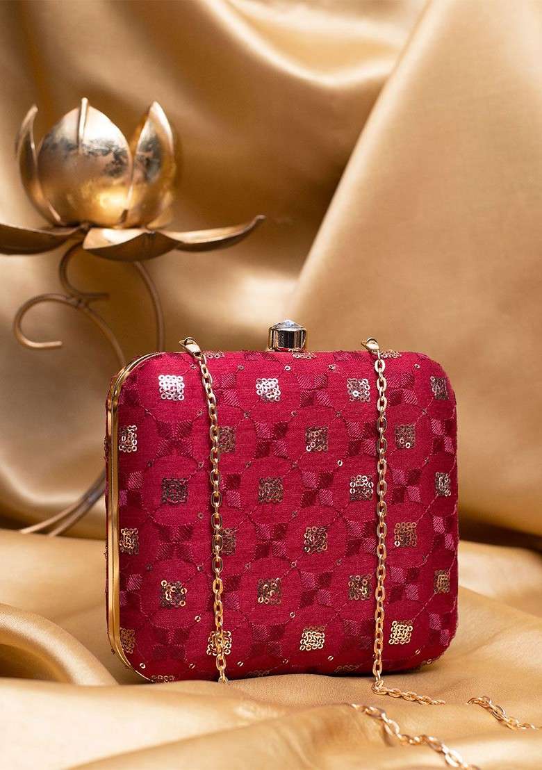 Red Satin Sequins Embroidered Box Clutch With Sling Chain - Indya