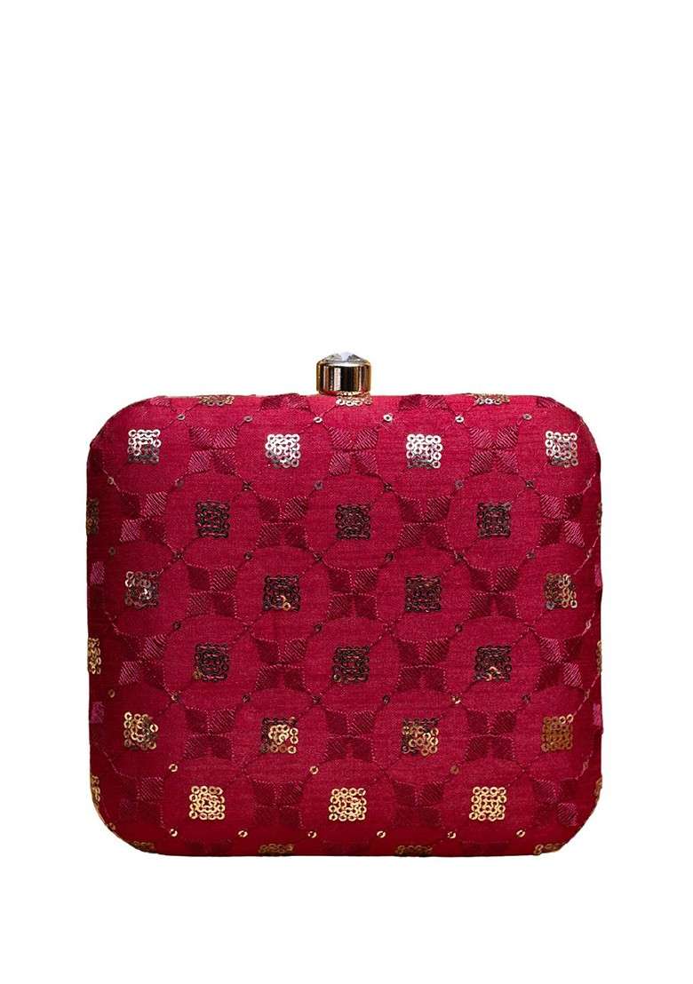 Red Satin Sequins Embroidered Box Clutch With Sling Chain - Indya