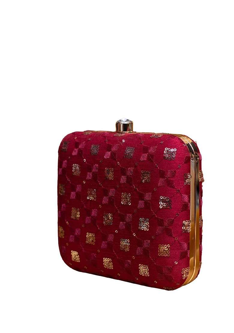 Red Satin Sequins Embroidered Box Clutch With Sling Chain - Indya