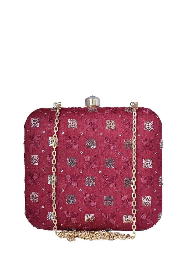 Red Satin Sequins Embroidered Box Clutch With Sling Chain - Indya