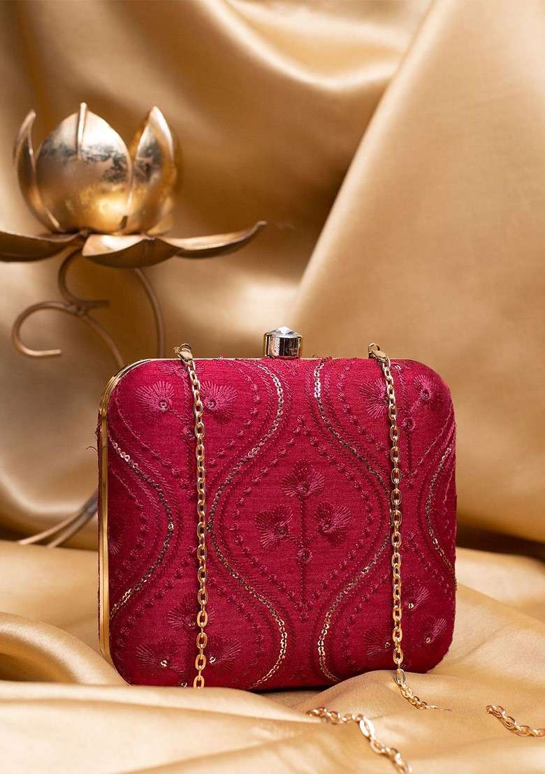 Red Satin Sequins Embroidered Box Clutch With Sling Chain - Indya