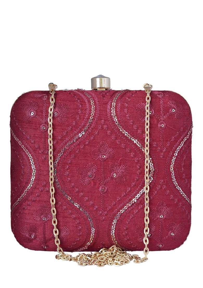 Red Satin Sequins Embroidered Box Clutch With Sling Chain - Indya