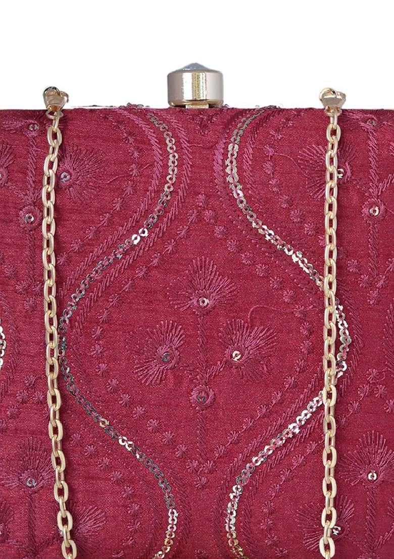 Red Satin Sequins Embroidered Box Clutch With Sling Chain - Indya