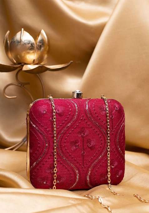 Red Satin Sequins Embroidered Box Clutch With Sling Chain