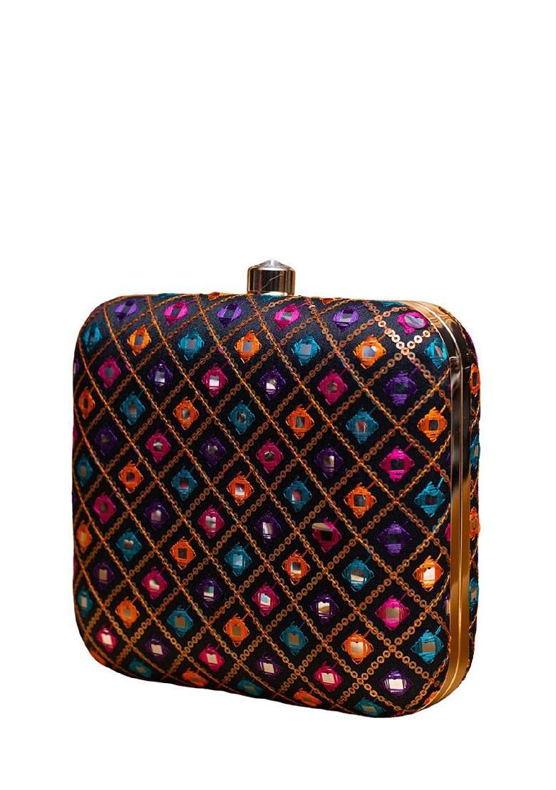 Black Satin Threadwork Embroidered Box Clutch - Indya