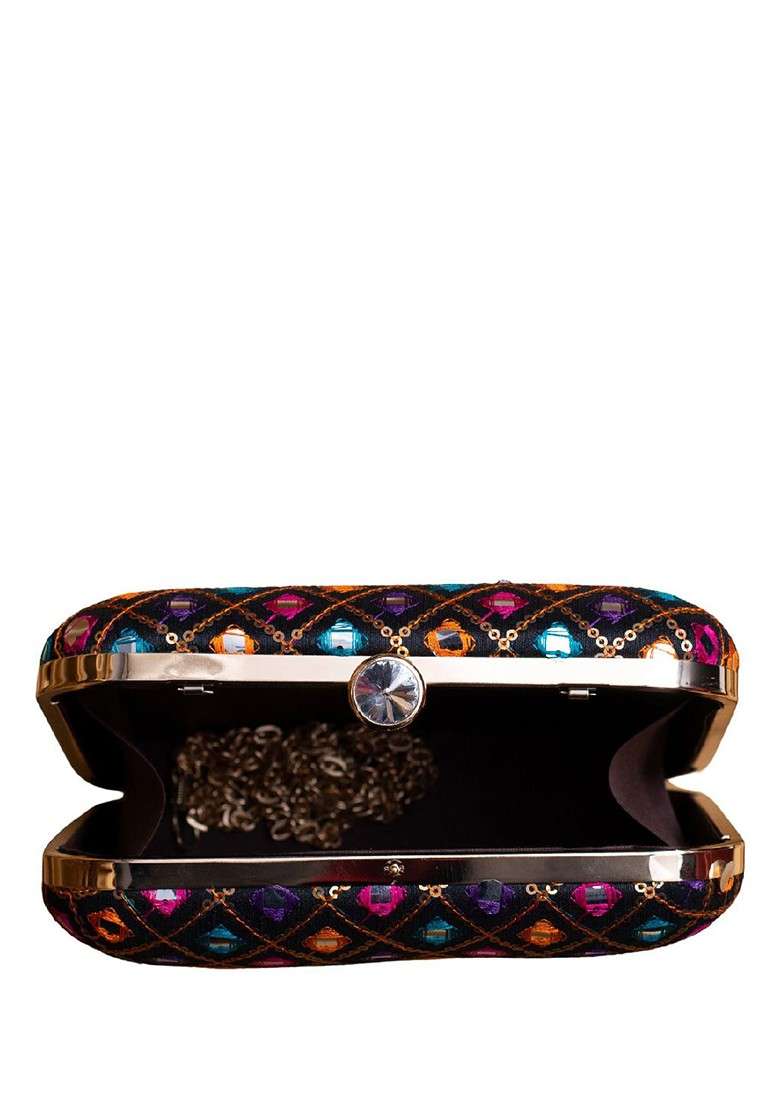 Black Satin Threadwork Embroidered Box Clutch - Indya