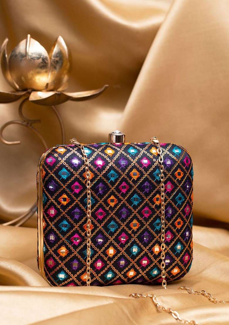 Black Satin Threadwork Embroidered Box Clutch - Indya