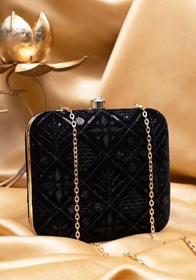 Black Satin Sequins Embroidered Box Clutch With Sling Chain
