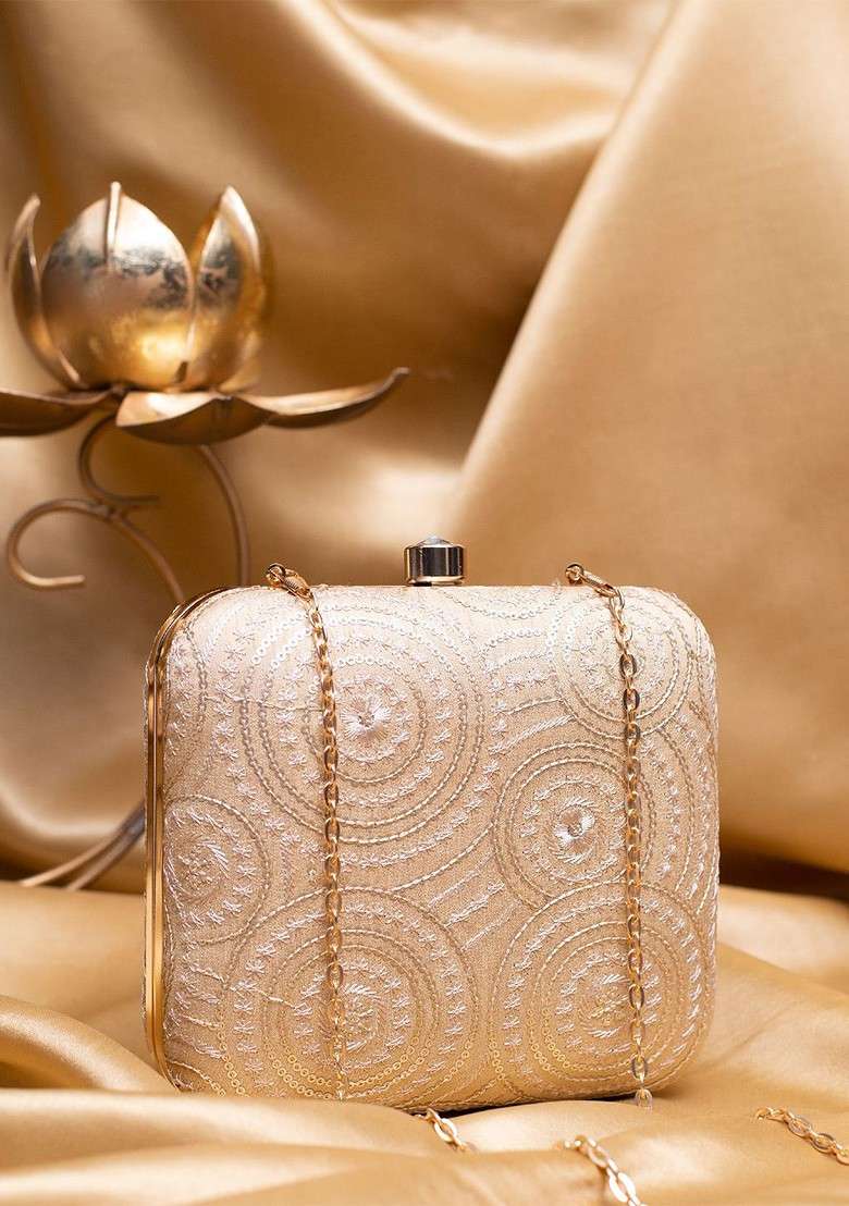 Off White Satin Sequins Threadwork Embroidered Box Clutch - Indya
