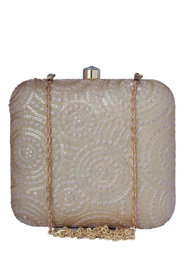 Off White Satin Sequins Threadwork Embroidered Box Clutch - Indya