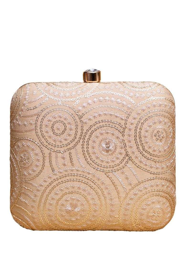 Off White Satin Sequins Threadwork Embroidered Box Clutch - Indya
