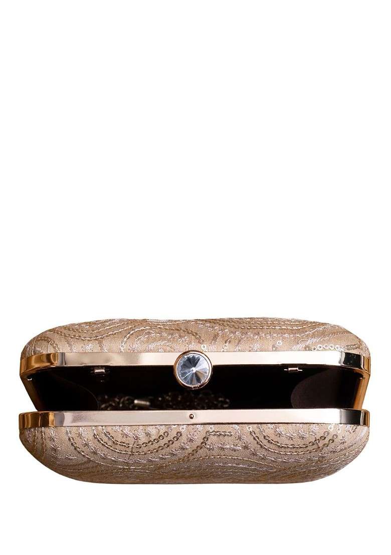 Off White Satin Sequins Threadwork Embroidered Box Clutch - Indya