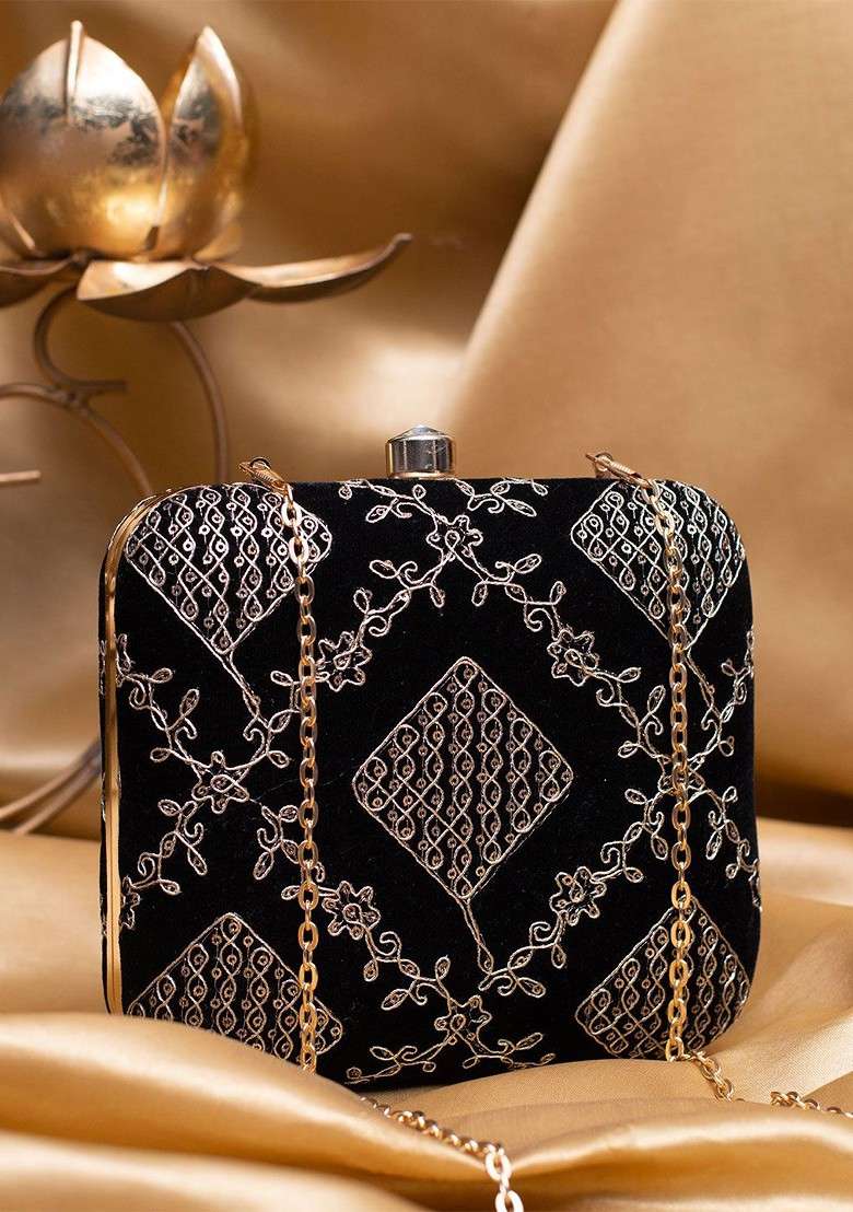 Black Satin Zari Embroidered Box Clutch With Sling Chain - Indya