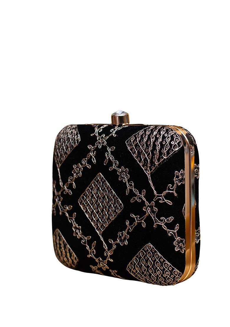 Black Satin Zari Embroidered Box Clutch With Sling Chain - Indya