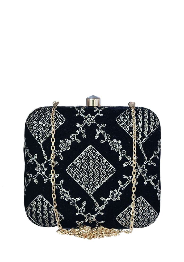 Black Satin Zari Embroidered Box Clutch With Sling Chain - Indya