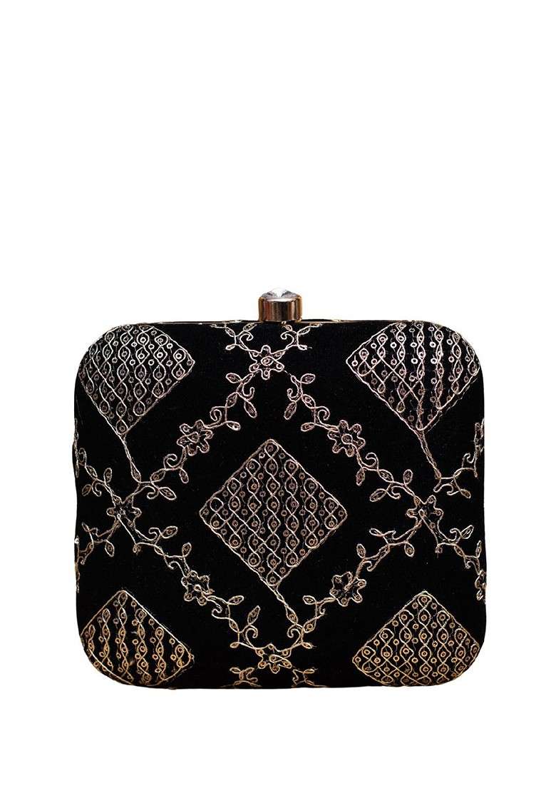 Black Satin Zari Embroidered Box Clutch With Sling Chain - Indya