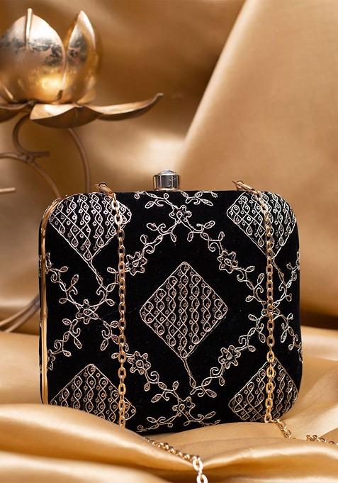 Black Satin Zari Embroidered Box Clutch With Sling Chain