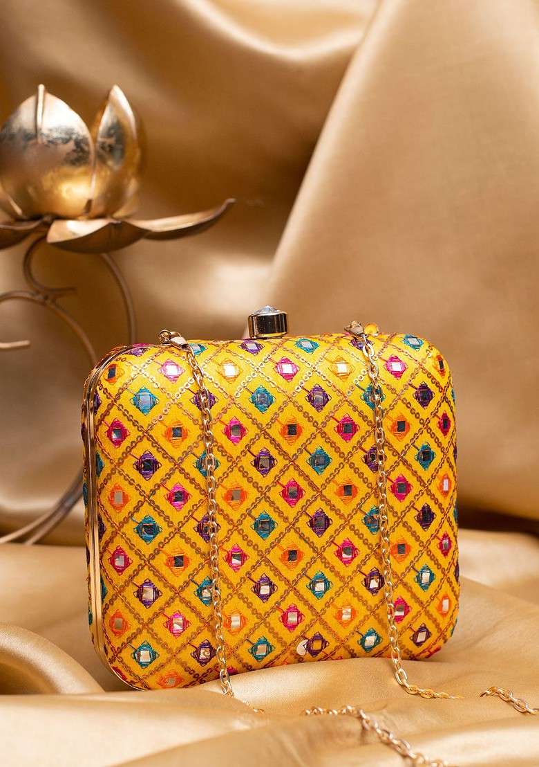 Yellow Satin Sequins Embroidered Box Clutch With Sling Chain - Indya