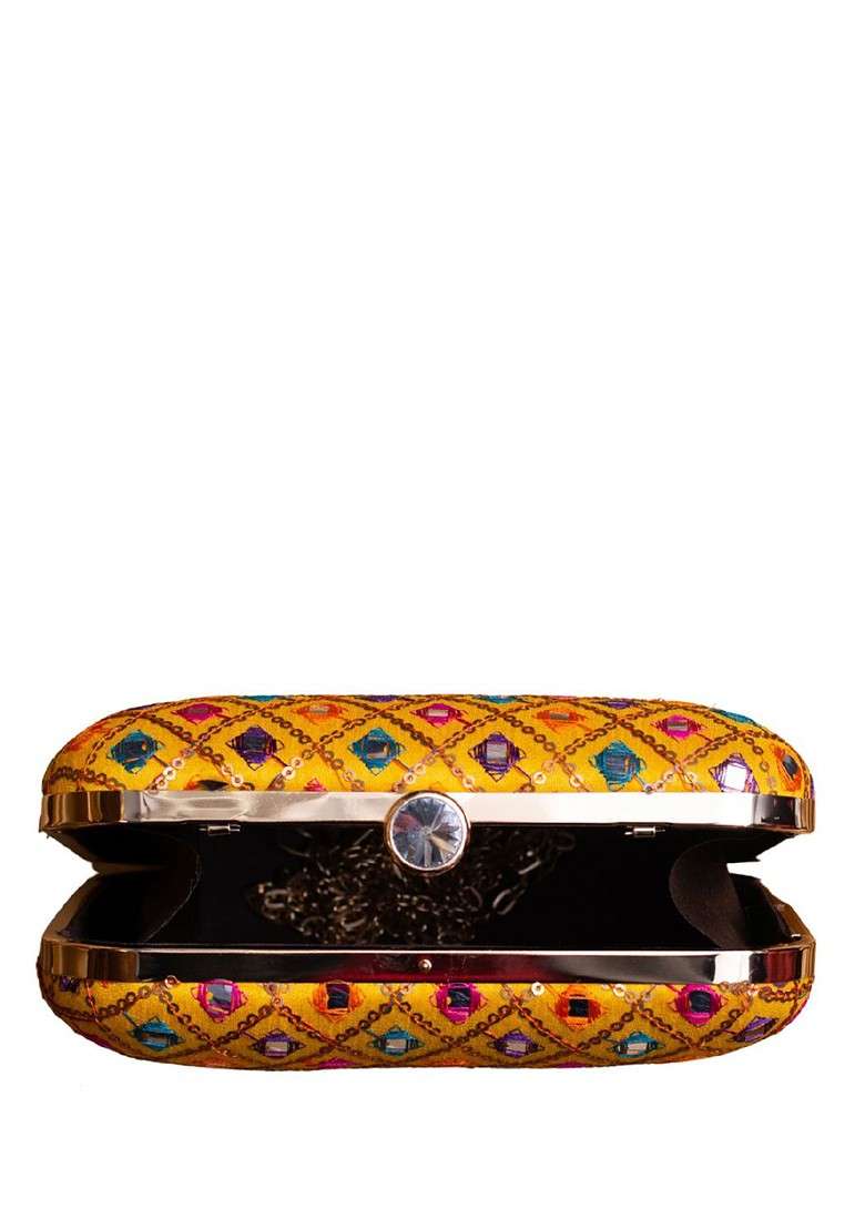 Yellow Satin Sequins Embroidered Box Clutch With Sling Chain - Indya