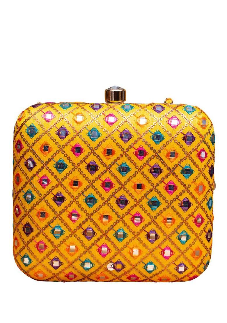 Yellow Satin Sequins Embroidered Box Clutch With Sling Chain