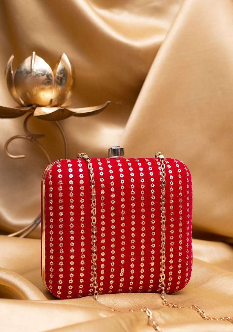 Red Satin Golden Sequins Embroidered Box Clutch - Indya