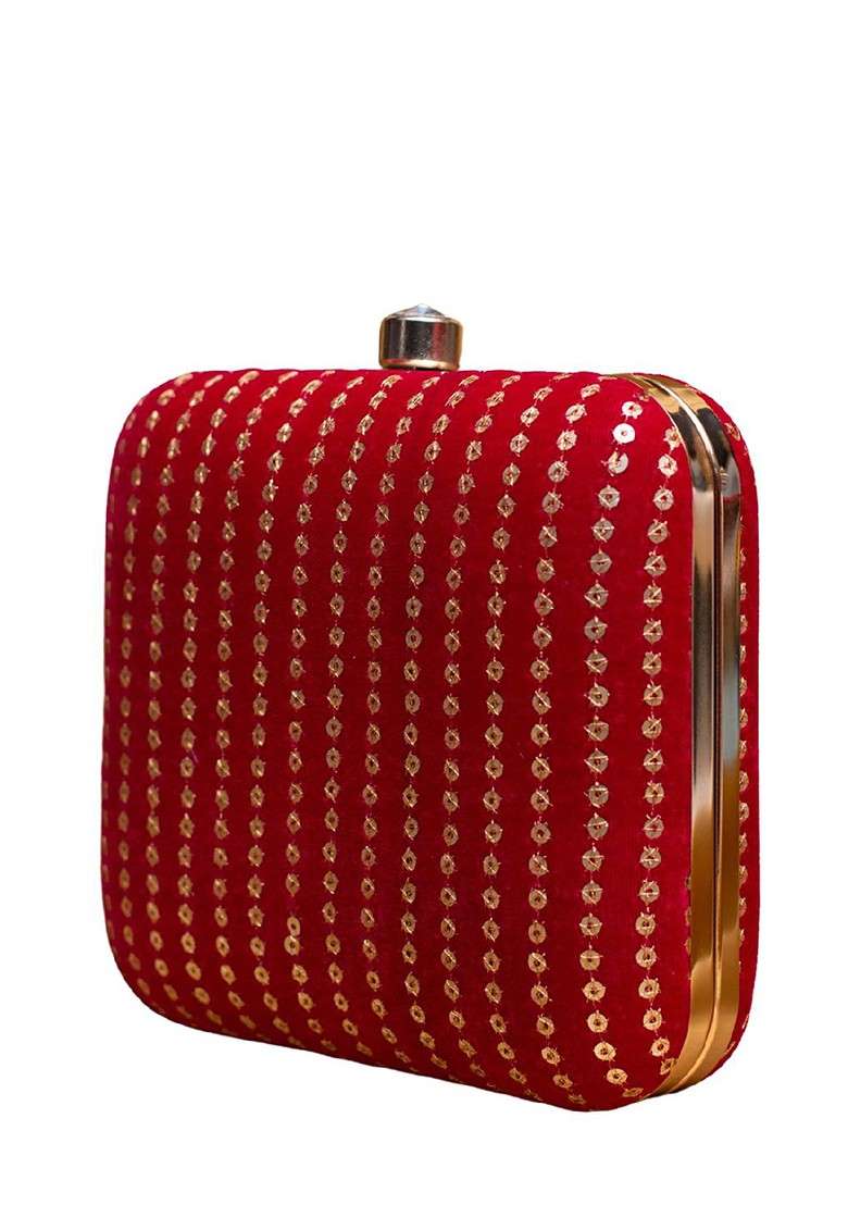 Red Satin Golden Sequins Embroidered Box Clutch - Indya