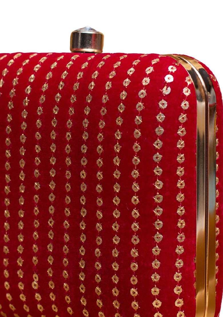 Red Satin Golden Sequins Embroidered Box Clutch - Indya