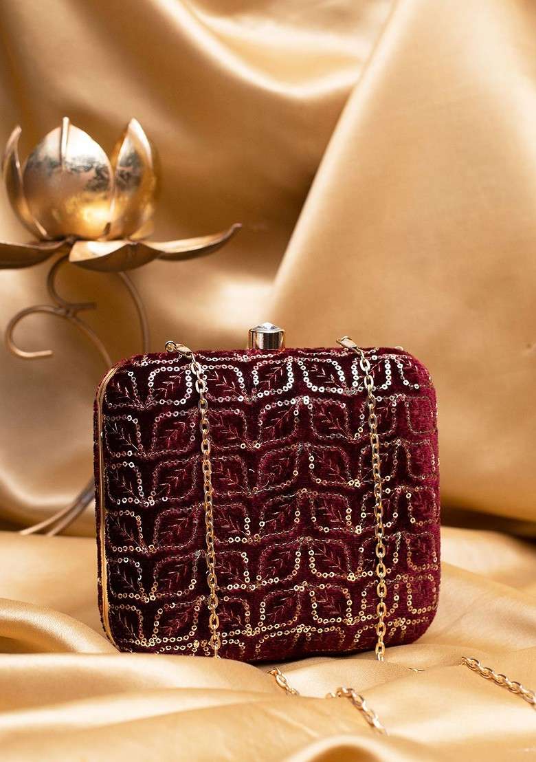 Maroon Satin Sequins Embroidered Box Clutch With Sling Chain - Indya