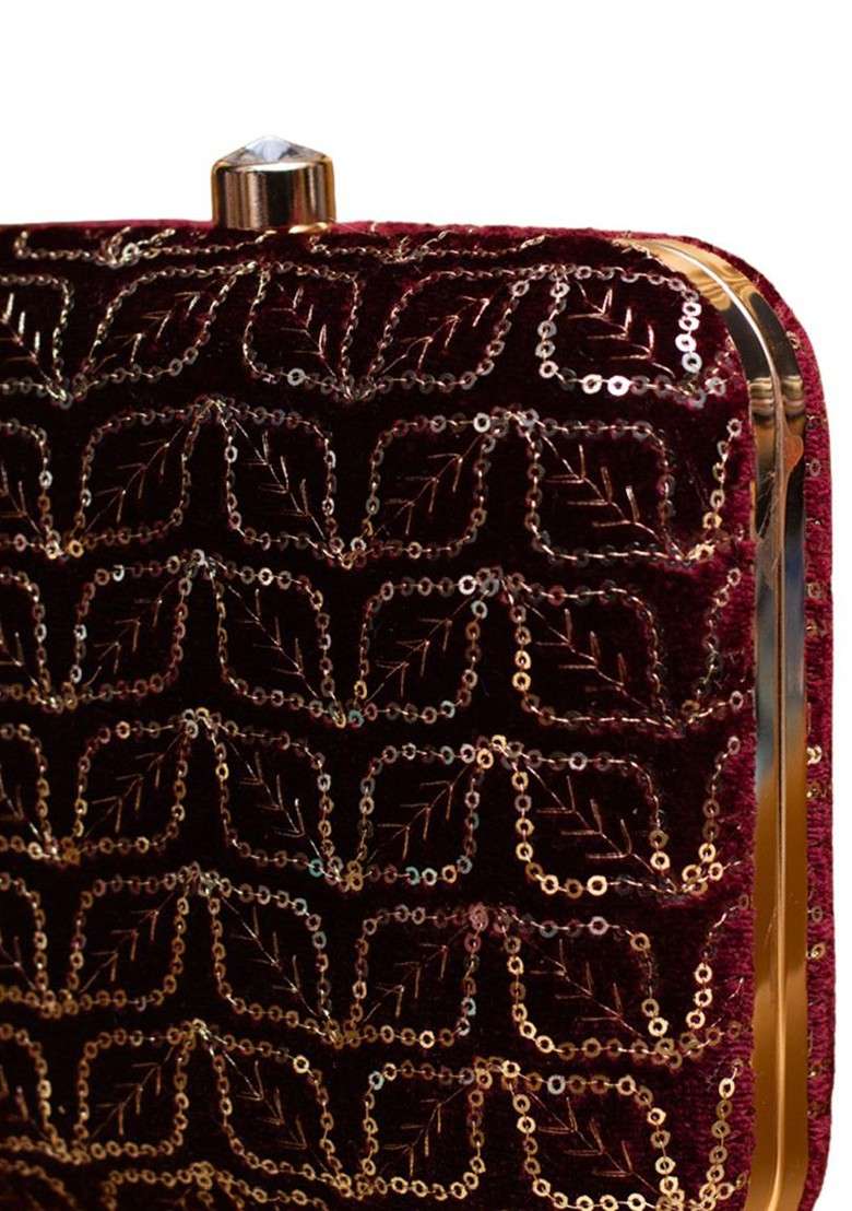 Maroon Satin Sequins Embroidered Box Clutch With Sling Chain - Indya