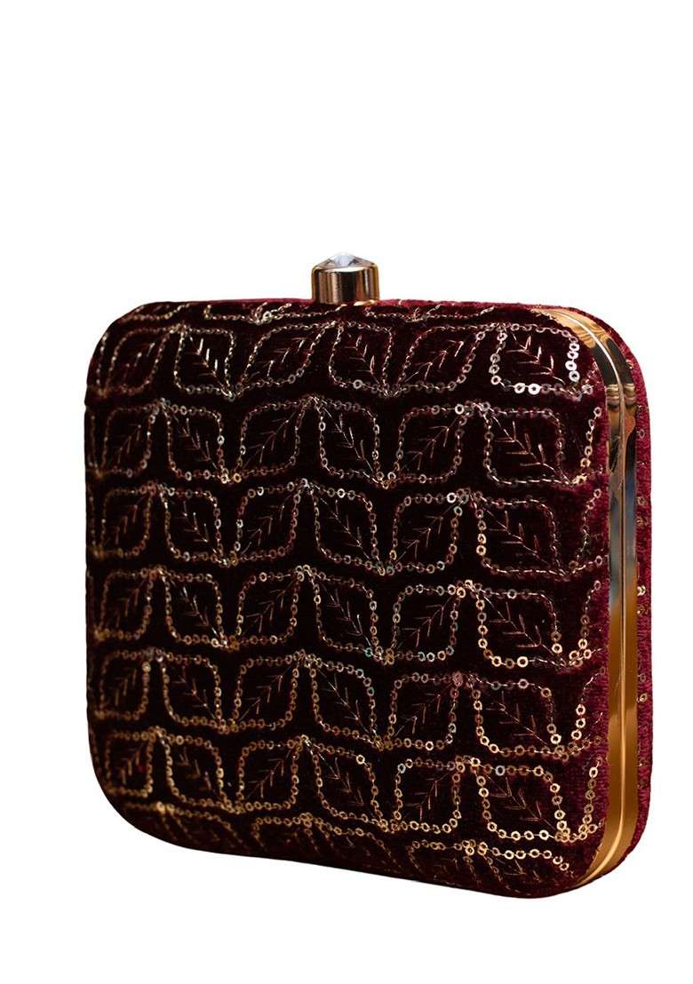 Maroon Satin Sequins Embroidered Box Clutch With Sling Chain - Indya
