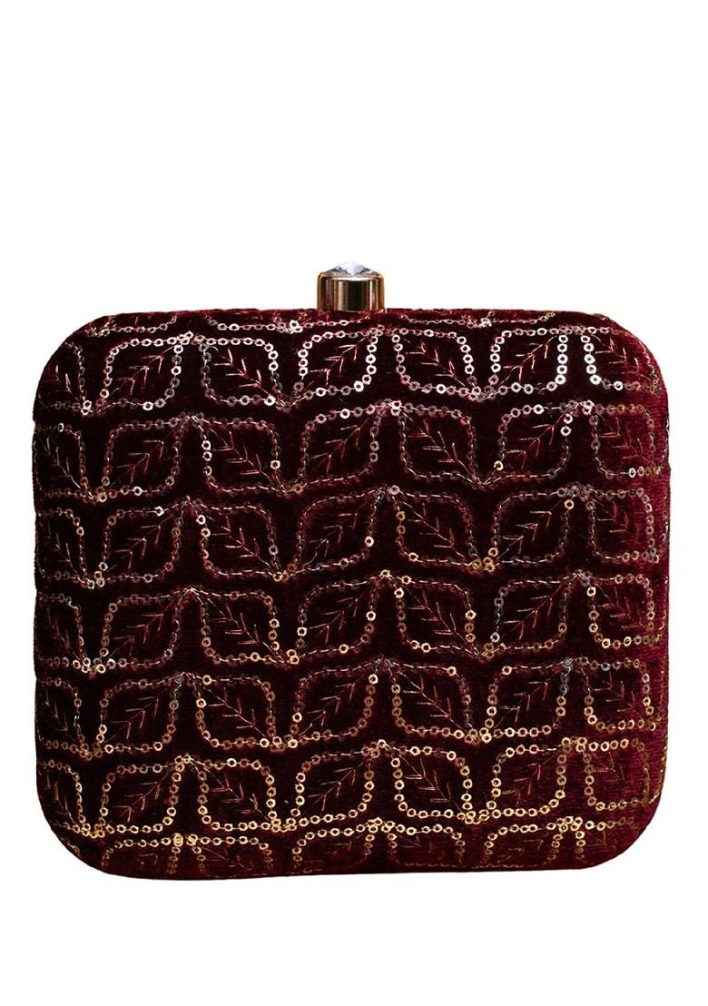 Maroon Satin Sequins Embroidered Box Clutch With Sling Chain - Indya