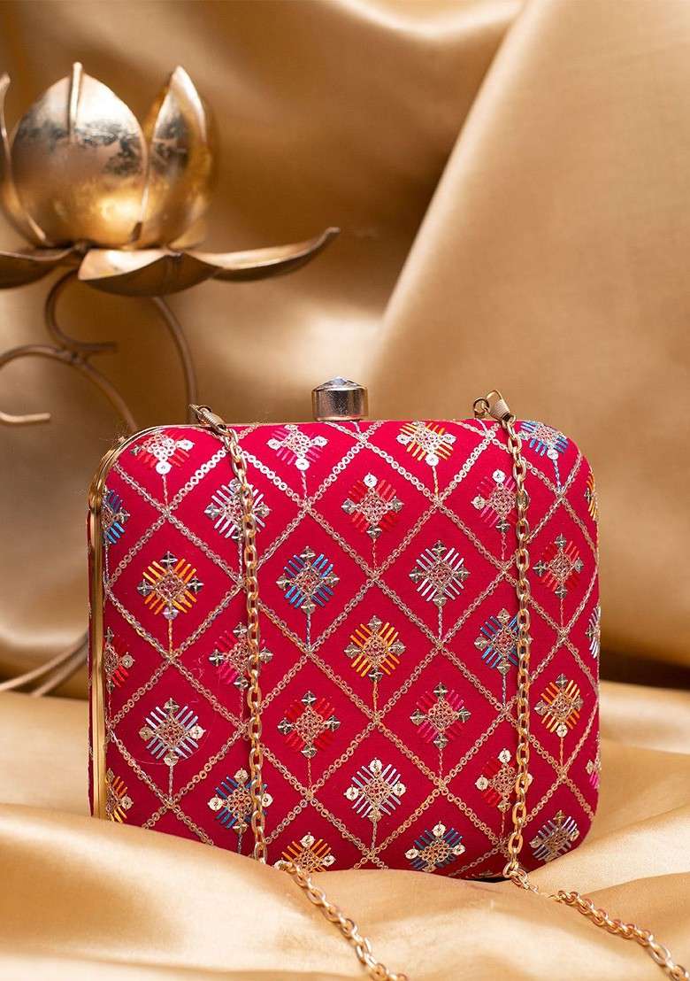 Red Satin Thread Embroidered Box Clutch With Sling Chain - Indya
