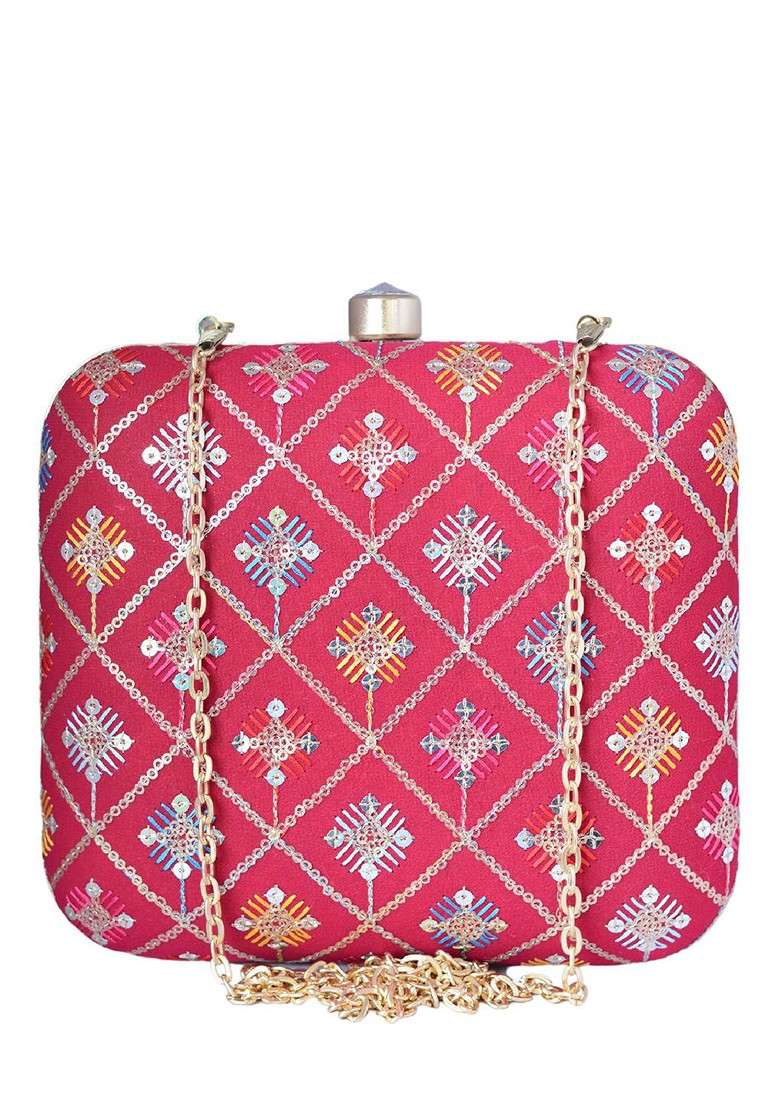 Red Satin Thread Embroidered Box Clutch With Sling Chain - Indya