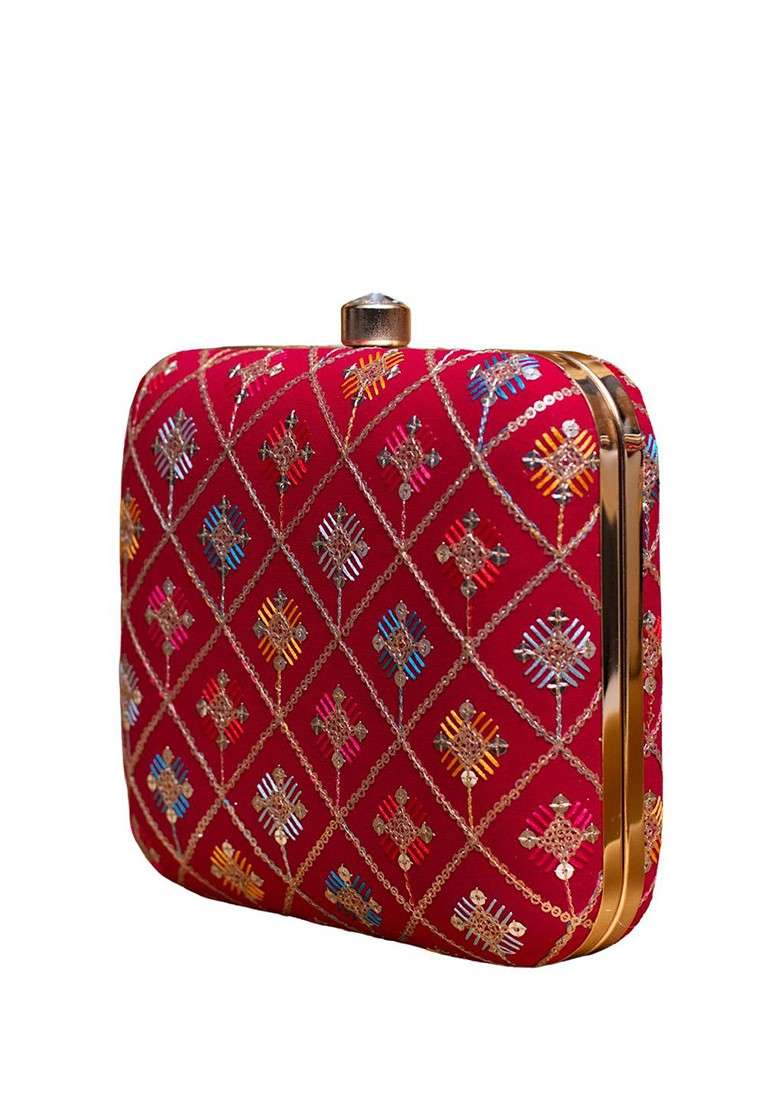 Red Satin Thread Embroidered Box Clutch With Sling Chain - Indya