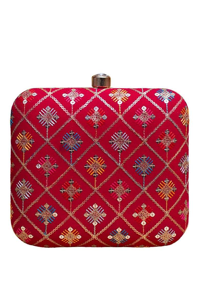 Red Satin Thread Embroidered Box Clutch With Sling Chain - Indya
