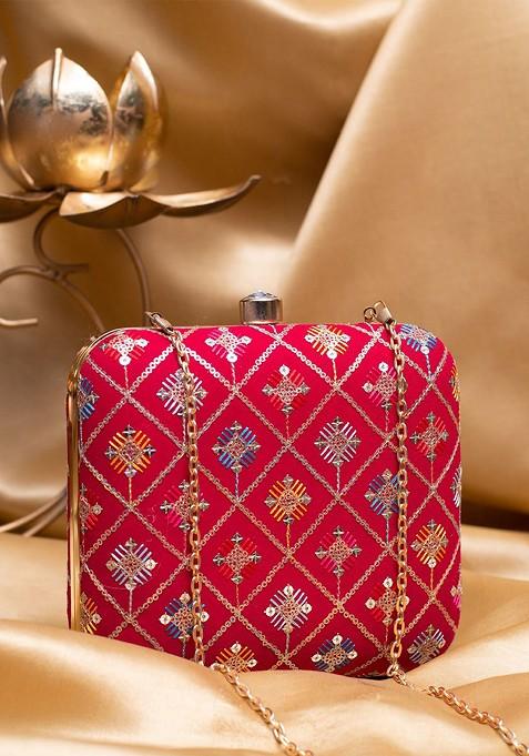 Red Satin Thread Embroidered Box Clutch With Sling Chain
