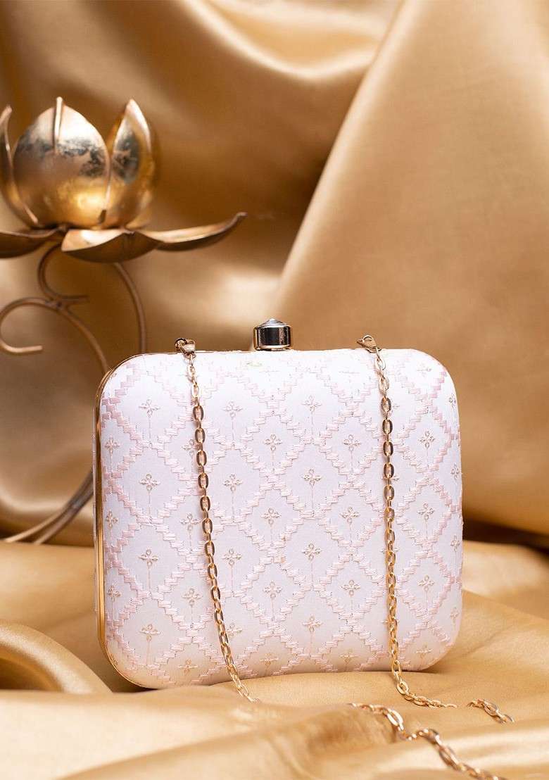 White Satin Threadwork Sequins Embroidered Box Clutch With Sling Chain - Indya