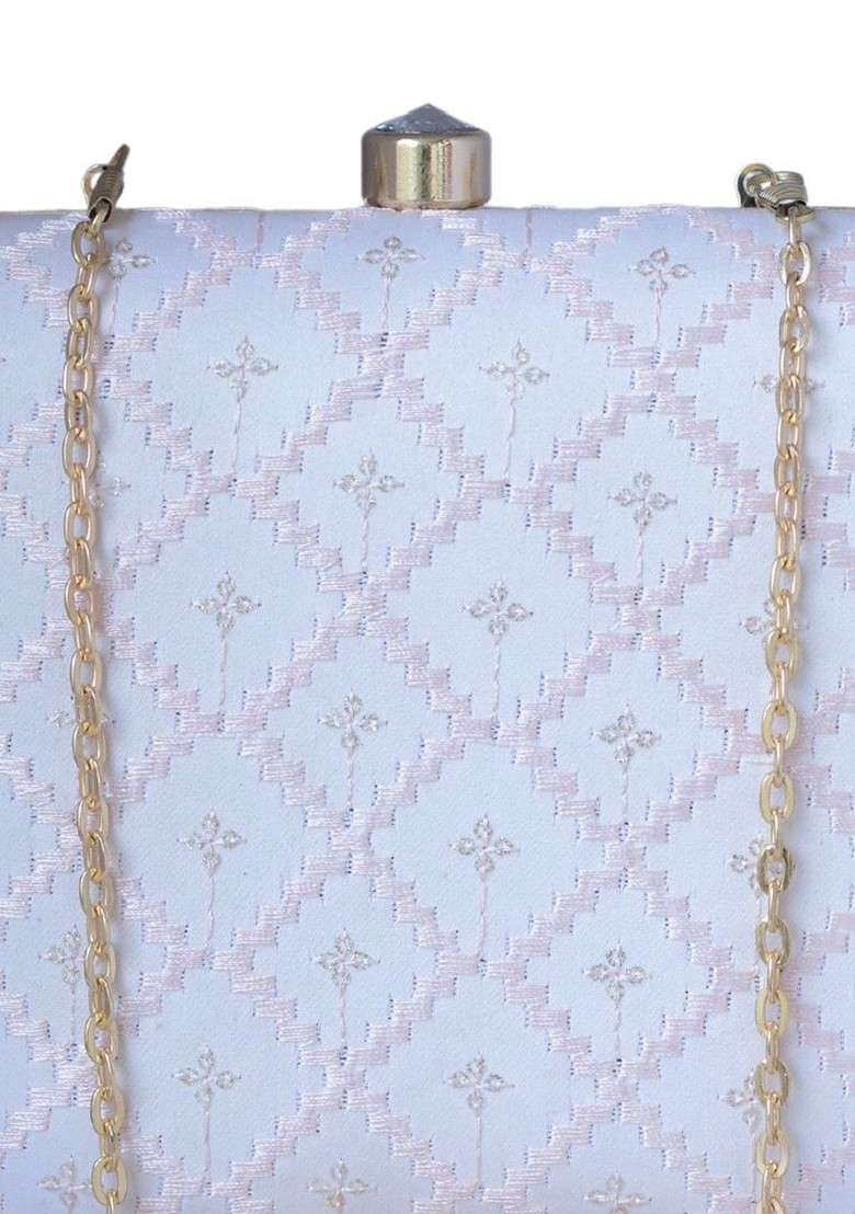 White Satin Threadwork Sequins Embroidered Box Clutch With Sling Chain - Indya