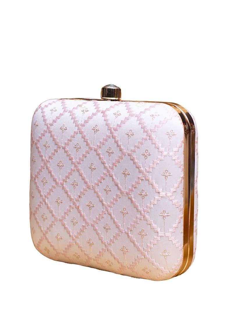 White Satin Threadwork Sequins Embroidered Box Clutch With Sling Chain - Indya