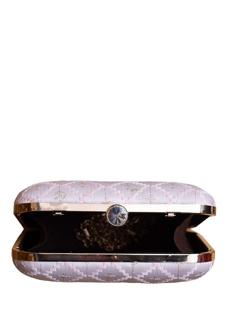 White Satin Threadwork Sequins Embroidered Box Clutch With Sling Chain - Indya