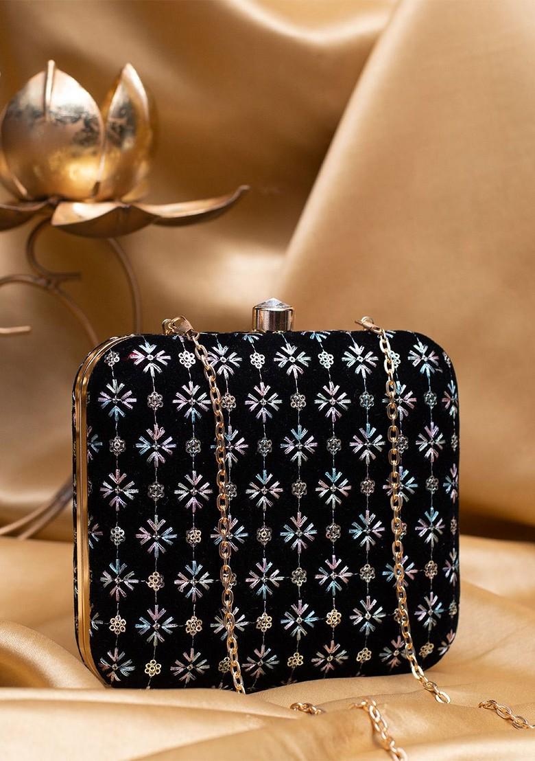 Black Satin Threadwork Embroidered Box Clutch With Sling Chain - Indya