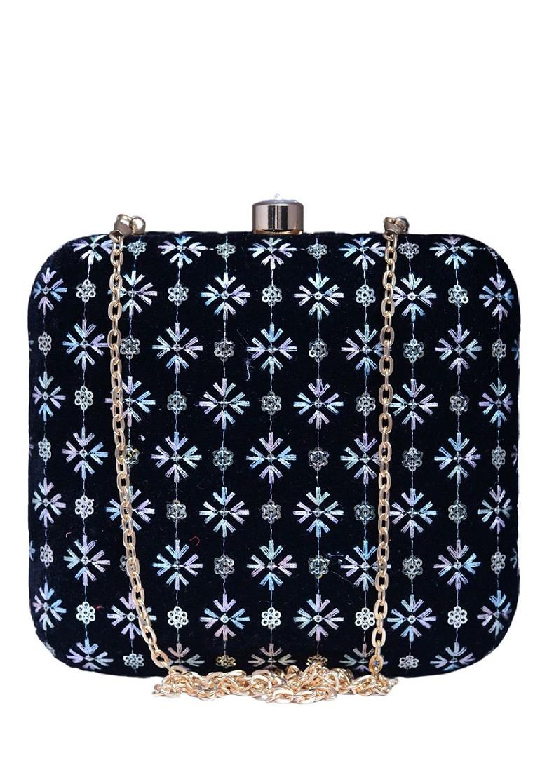 Black Satin Threadwork Embroidered Box Clutch With Sling Chain - Indya