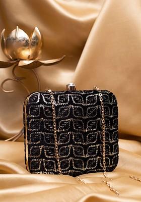 Black Satin Sequins Embroidered Box Clutch With Sling Chain