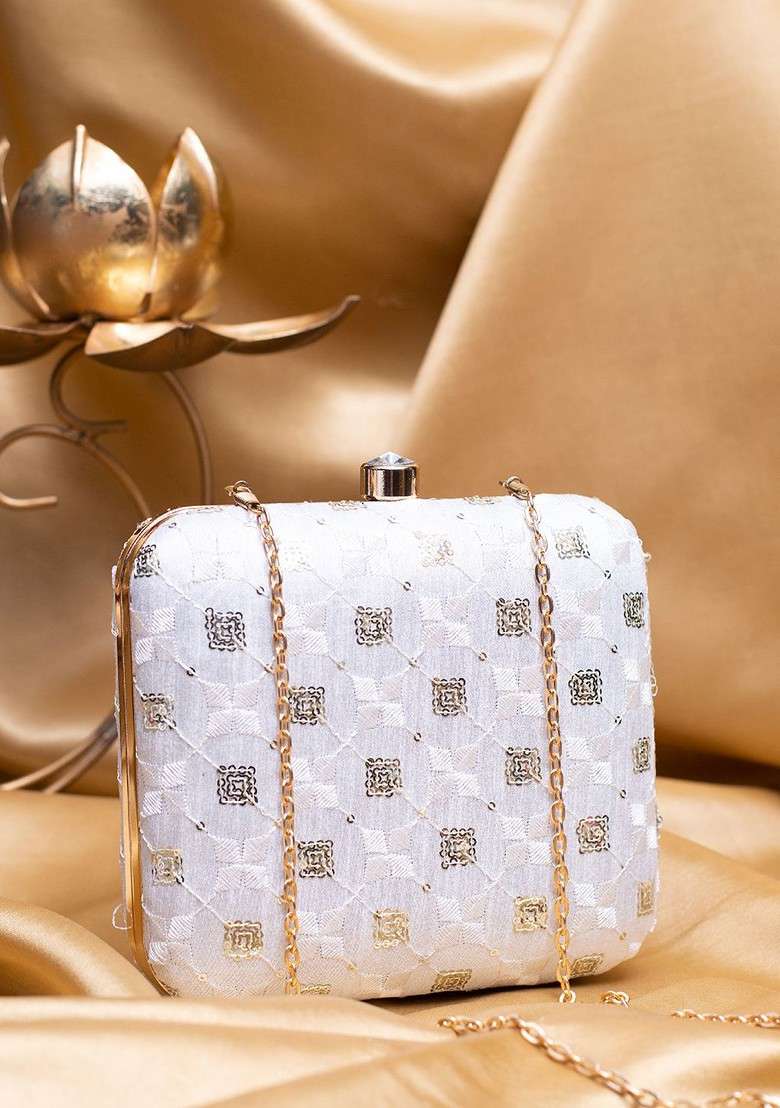 White Satin Sequins Embroidered Box Clutch With Sling Chain - Indya