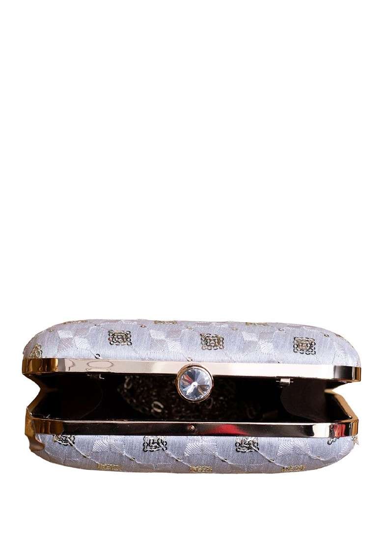 White Satin Sequins Embroidered Box Clutch With Sling Chain - Indya