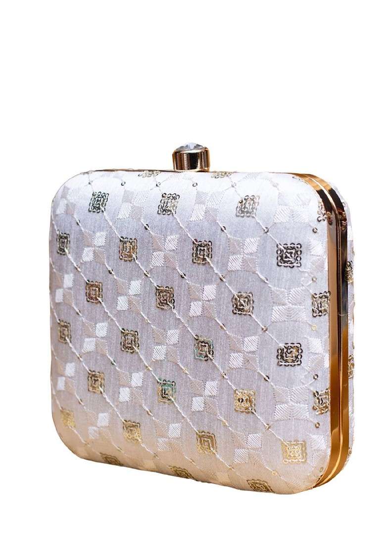 White Satin Sequins Embroidered Box Clutch With Sling Chain - Indya