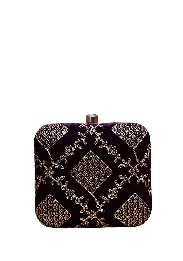 Purple Satin Zari Embroidered Box Clutch With Sling Chain - Indya