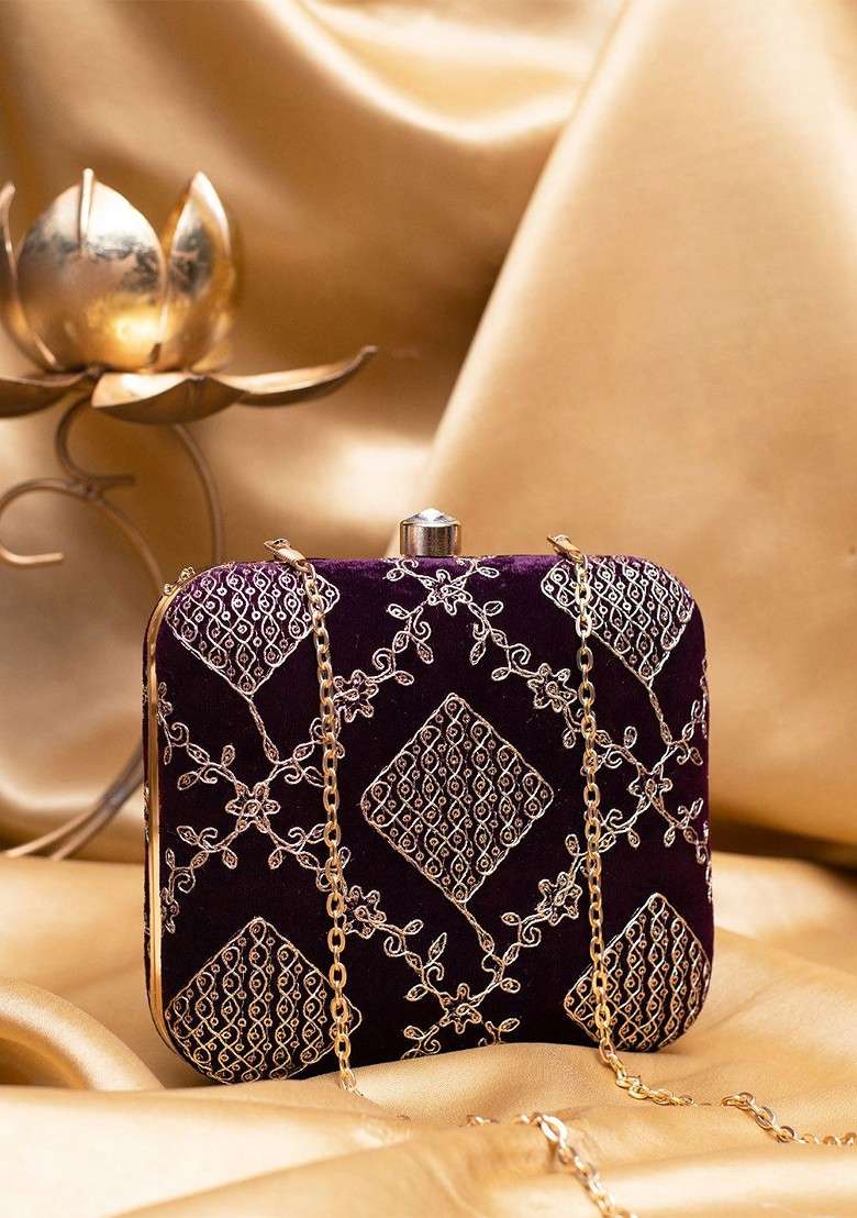 Purple Satin Zari Embroidered Box Clutch With Sling Chain - Indya